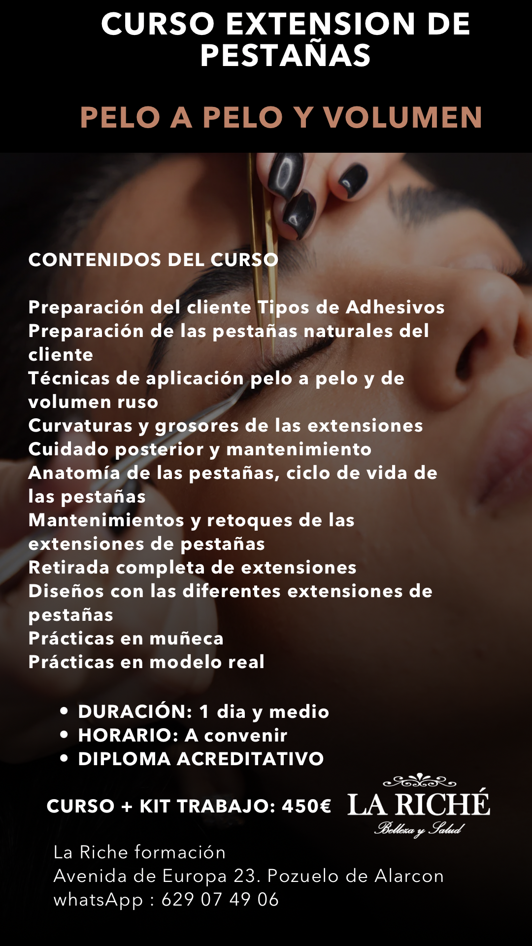 Anuncio de curso de extensión de pestañas con detalles de capacitación, precios e información de contacto.
