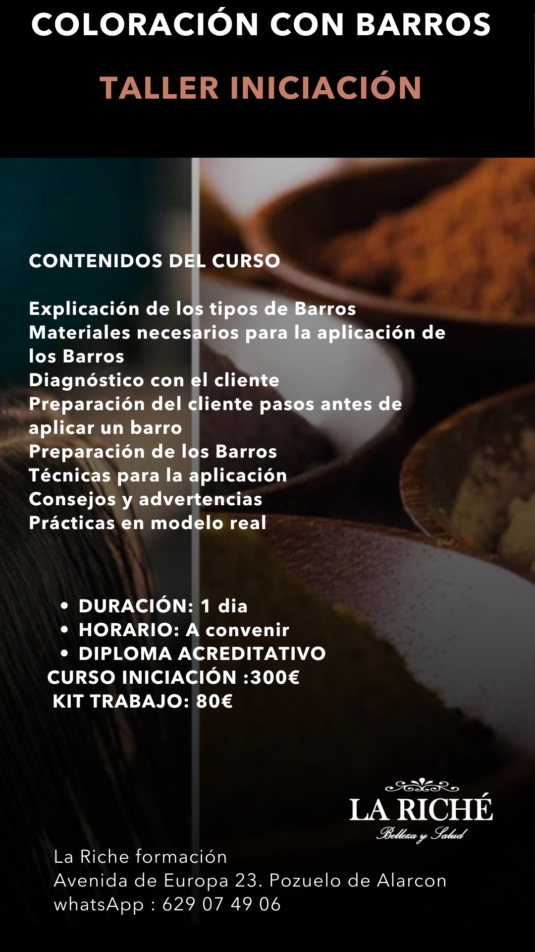 Folleto de un taller de iniciación a la coloración con barro. Detalla el contenido, la duración y el precio del taller.