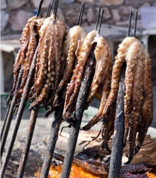 Un montón de pulpos se cocinan en palitos sobre el fuego.