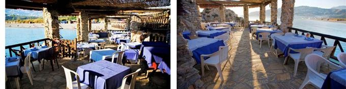 Dos fotografías de un restaurante con mesas y sillas azules.
