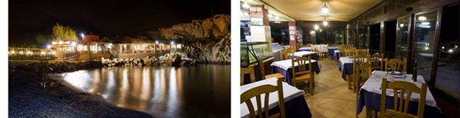 Una foto de una ciudad de noche y una foto de un restaurante de noche.
