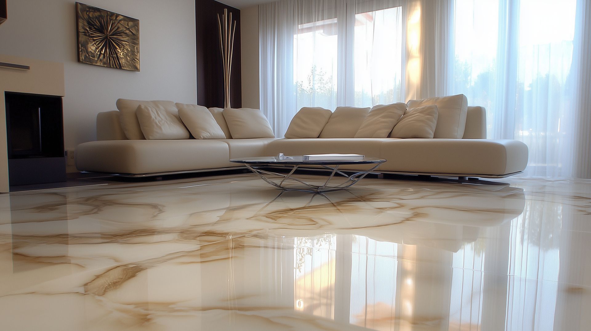 Salon moderne avec canapés de couleur crème, sol en marbre brillant et lumière naturelle filtrant à travers des voilages.