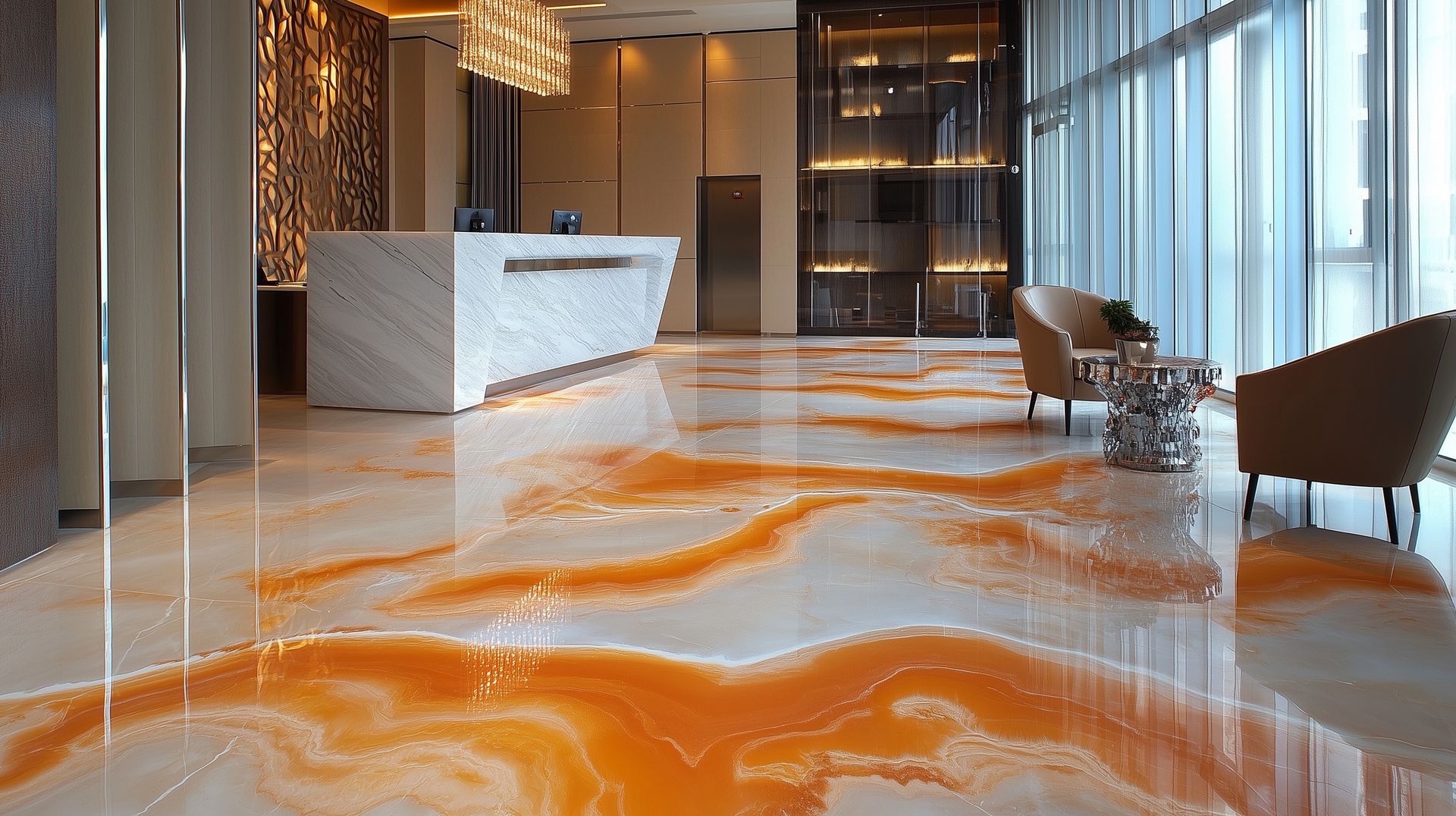 Hall d'entrée moderne avec sol en marbre orange, comptoir d'accueil blanc et fauteuils près des baies vitrées.