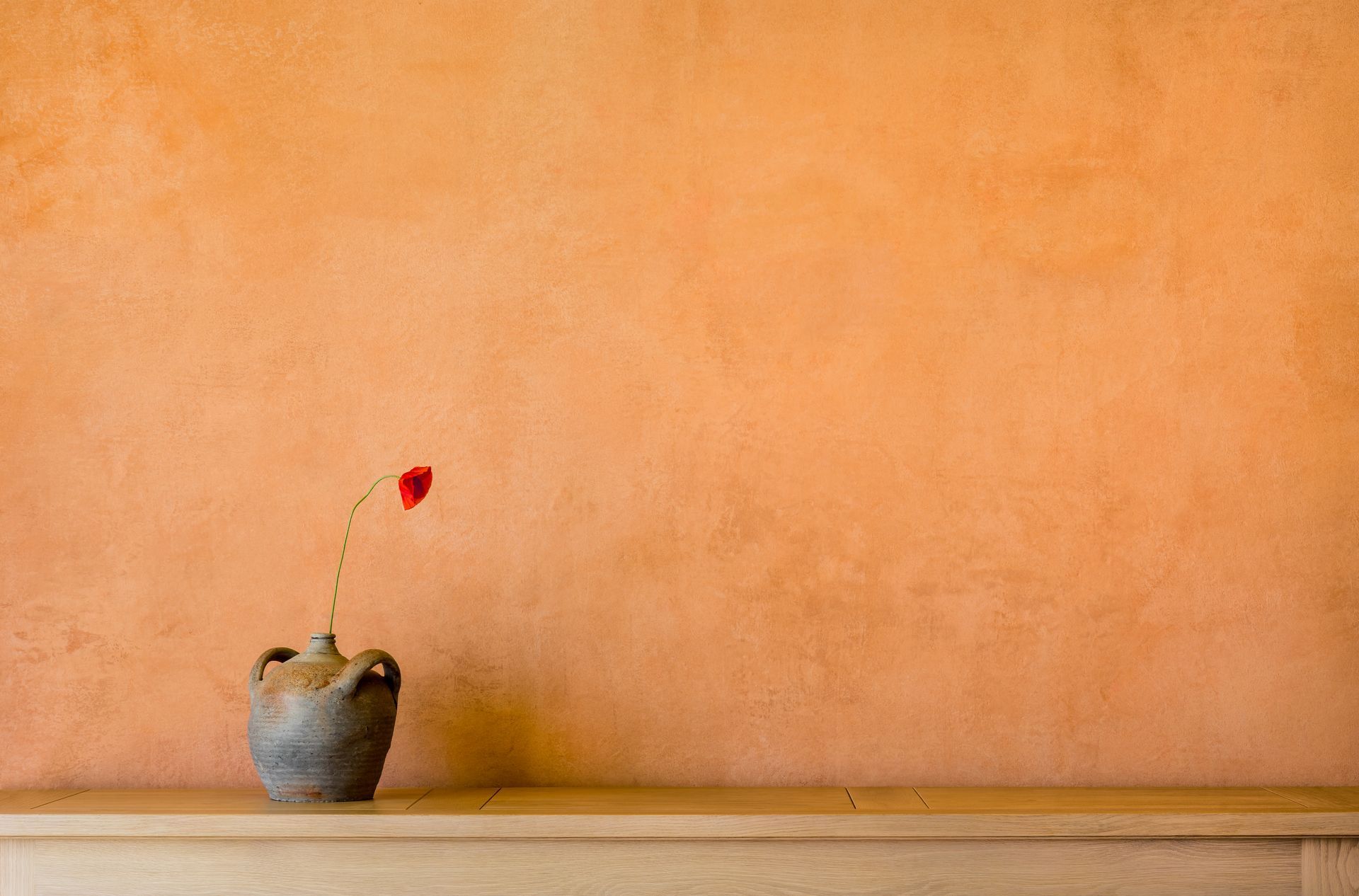 Vase en terre cuite posé sur une étagère en bois avec une fleur rouge contre un mur couleur pêche.