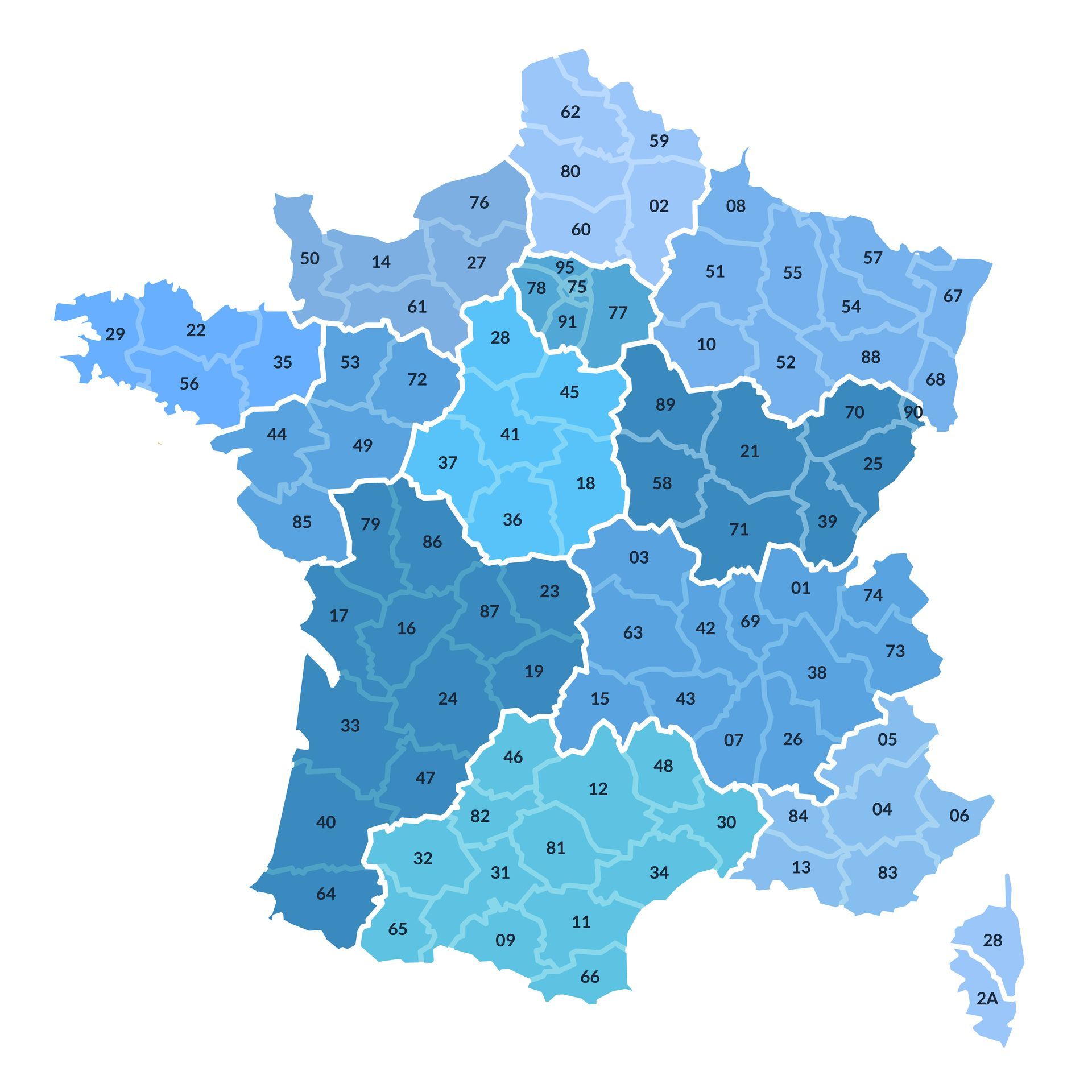 Carte de la France en bleu, divisée en régions et départements numérotés.