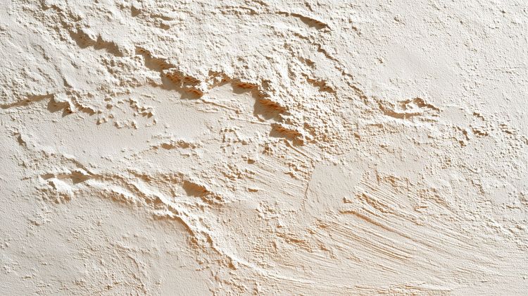 Gros plan sur un mur en stuc beige à la surface rugueuse et texturée.