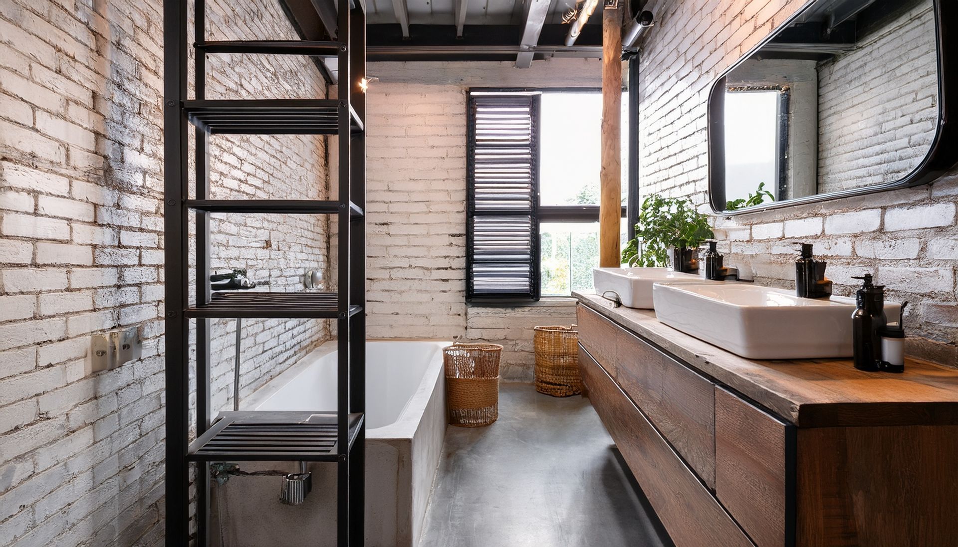 Salle de bains moderne avec murs en briques blanches, meuble lavabo en bois, miroir et étagère en forme d'échelle.