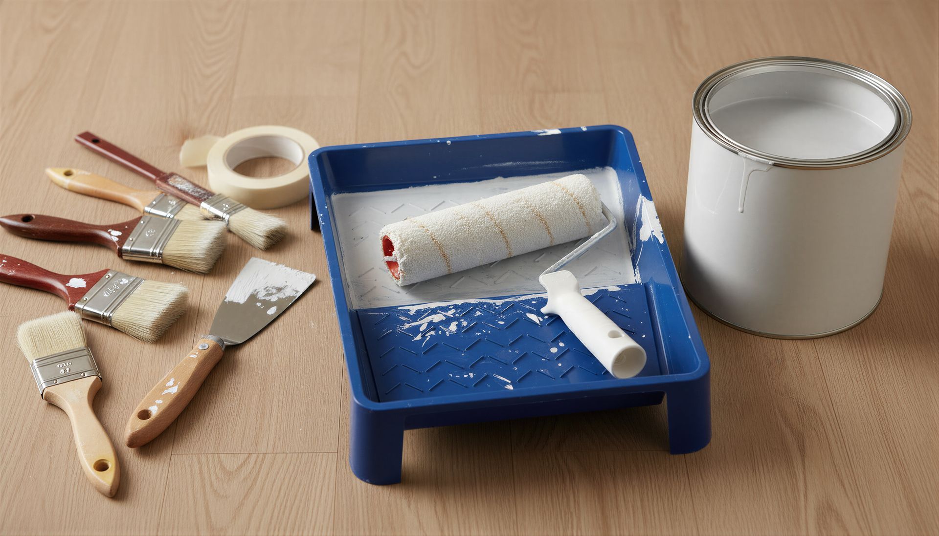 Matériels de peinture sur une table : pinceaux, ruban adhésif, truelle, bac à peinture avec rouleau et pot de peinture blanche.