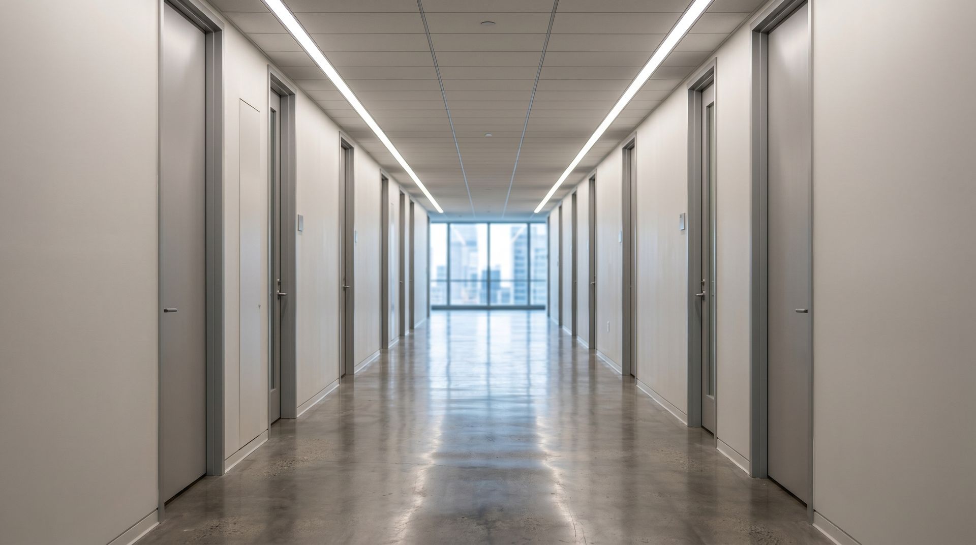Couloir de bureau lumineux vide avec des portes blanches et un sol réfléchissant menant à une entrée vitrée.