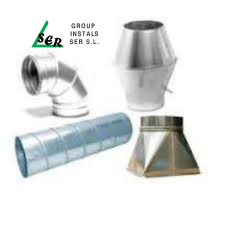 Diversos componentes de conductos metálicos: codo, tubo flexible, pieza cónica y pieza de transición.