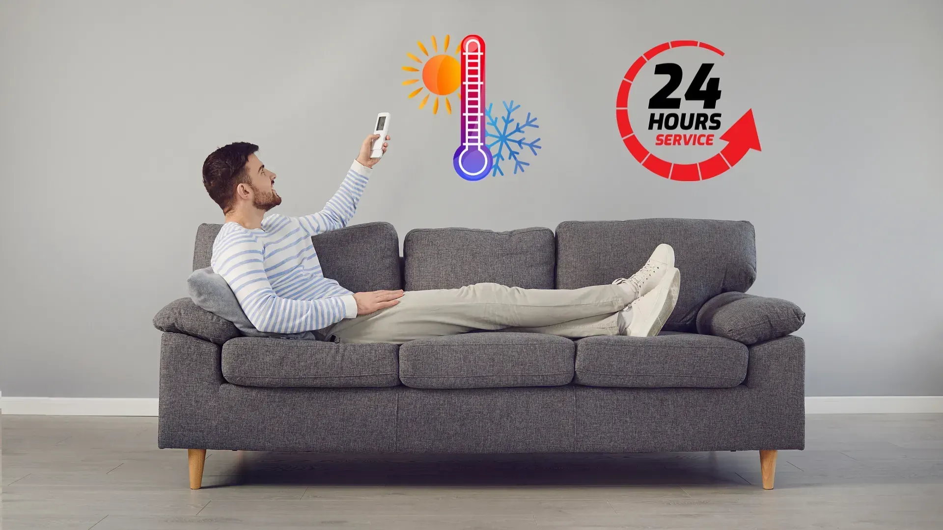 Hombre relajándose en un sofá usando un control remoto con íconos de sol, copo de nieve y servicio las 24 horas.