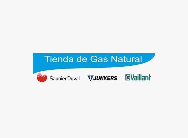 Logotipo de Tienda de Gas Natural con banderín azul y tres logotipos de marcas: Saunier Duval, Junkers y Vaillant.