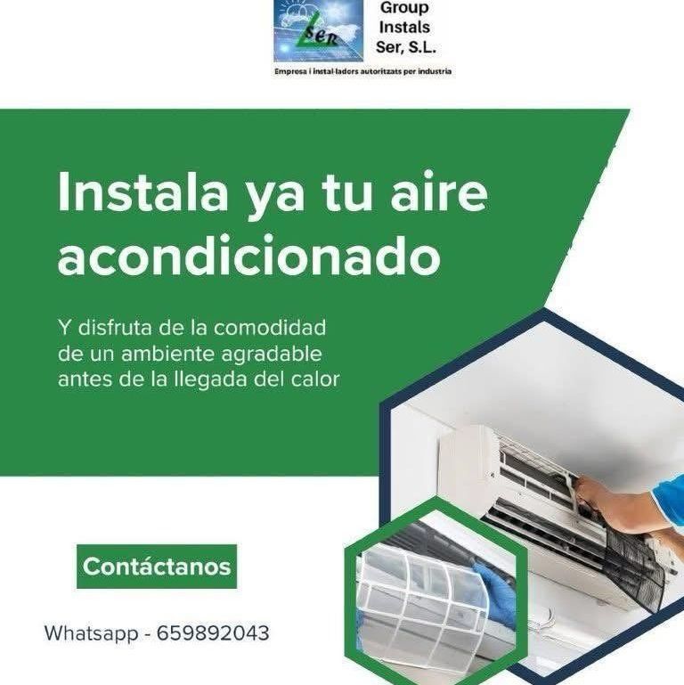 Anuncio de instalación de aire acondicionado. Diseño verde y blanco con un trabajador instalando un aparato de aire acondicionado. Incluye un número de teléfono.