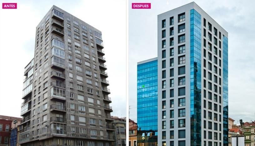 Comparación del antes y el después de dos edificios. Uno es soso, el otro es blanco y moderno, con un lateral de cristal azul.
