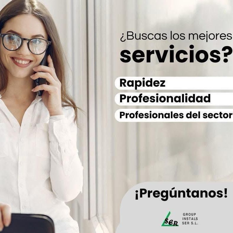 Woman smiling on phone; advertisement for services, with the words "Rapidez, Profesionalidad, Profesionales del sector"