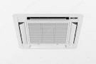 Unidad de aire acondicionado de techo de color blanco, con salidas horizontales, sobre pared blanca.