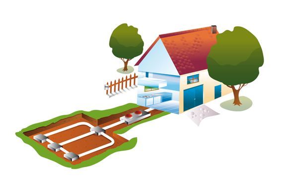 Casa de dibujos animados con tuberías subterráneas, probablemente ilustrando un sistema de calefacción geotérmica.