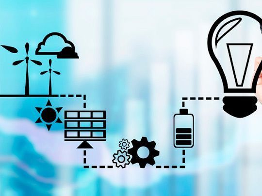 Diagrama de fuentes de energía renovables, que incluyen turbinas eólicas, paneles solares y baterías que alimentan una bombilla.
