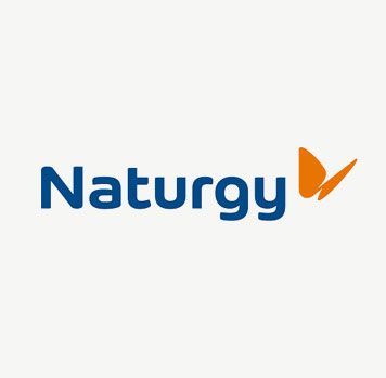 Logotipo de Naturgy con texto azul y un diseño similar a una mariposa naranja.