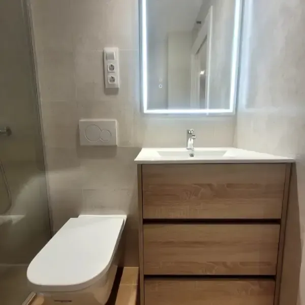 Baño con inodoro, lavabo, espejo con luces y mueble de madera. Las paredes son de color claro.
