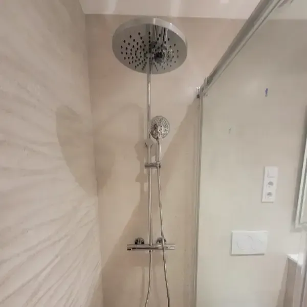 Cabezal de ducha en un baño. Un cabezal de ducha circular grande con efecto lluvia y ducha de mano.