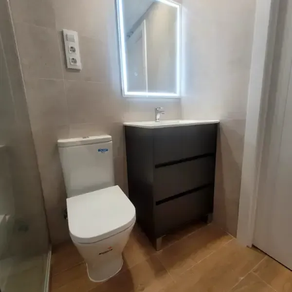 Baño con inodoro, tocador oscuro con lavabo y espejo iluminado.