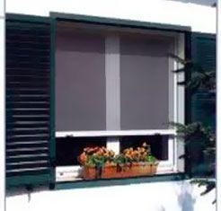 Una ventana con contraventanas verdes y flores en una jardinera.