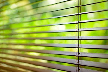 Un primer plano de persianas de madera en una ventana con árboles verdes al fondo.