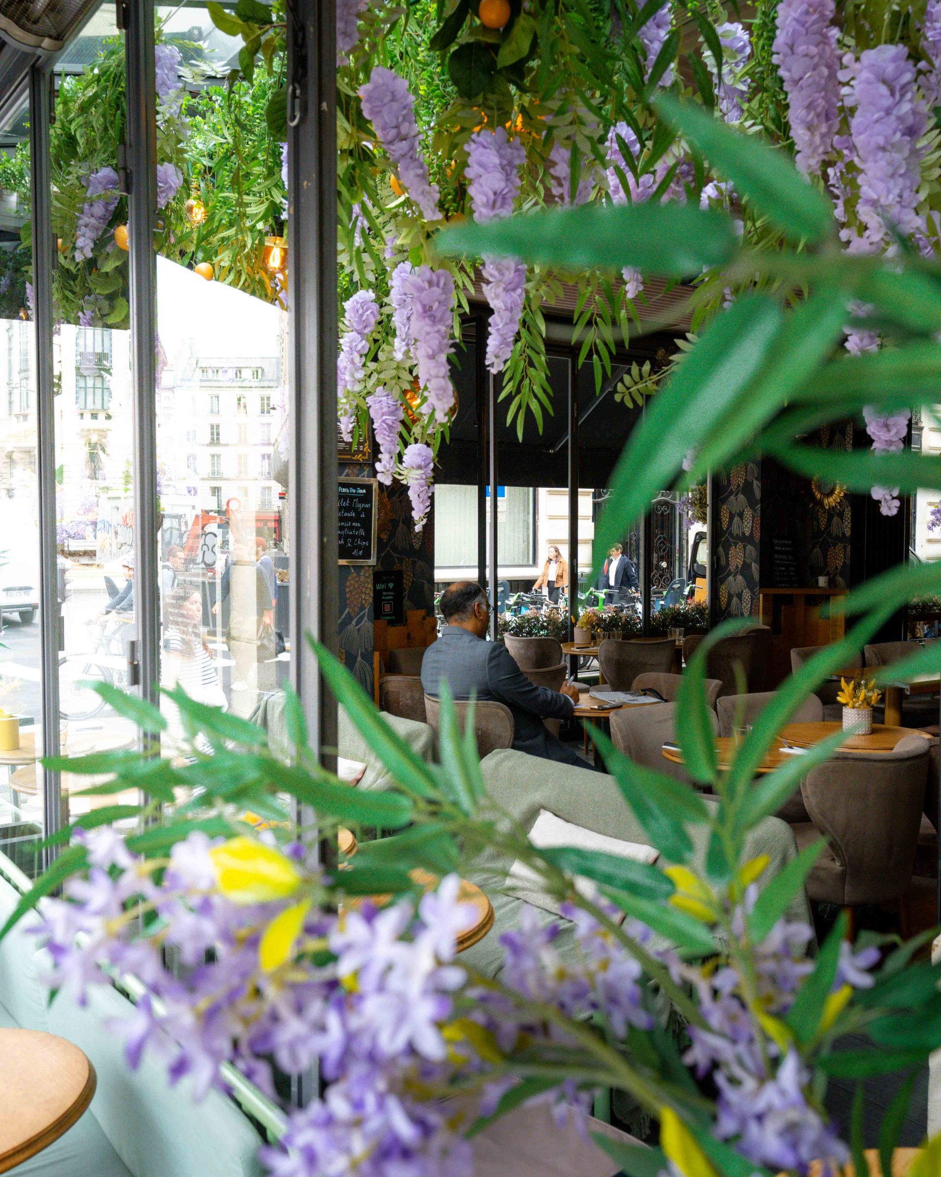 L'intérieur d'un café, encadré par des glycines violettes suspendues, avec une personne assise en arrière-plan.