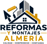 Logotipo de Reformas y Montajes Almería con una casa, herramientas y colores azul, blanco y dorado