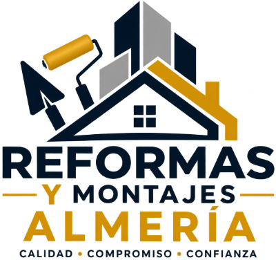 Logotipo de Reformas y Montajes Almería con una casa, herramientas y colores azul, blanco y dorado