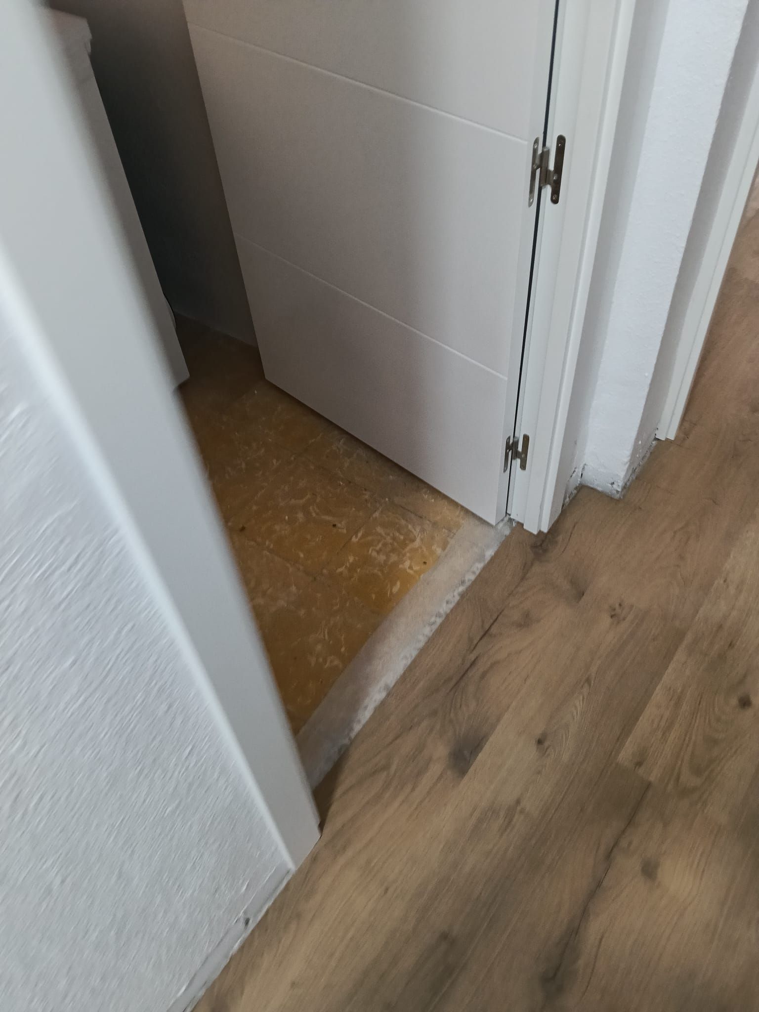 Puerta blanca entreabierta con el umbral dañado, junto a un suelo de madera