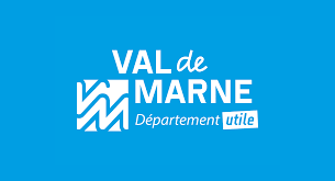 Logo du département du Val-de-Marne, France. Texte blanc sur fond bleu. « VAL de MARNE » avec un « M » stylisé et « Département utile ».