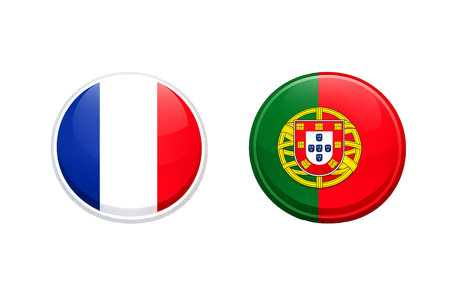 Drapeaux France-Portugal, ronds et brillants, représentant un match de football.