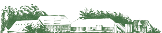 Eine Schwarzweißzeichnung einer Häuserreihe mit Bäumen im Hintergrund.