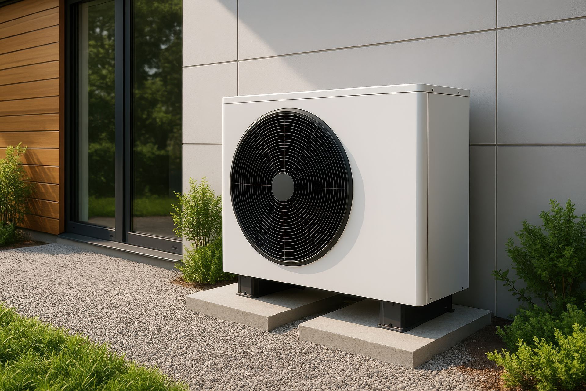 Unité de pompe à chaleur blanche sur blocs de béton à l'extérieur.
