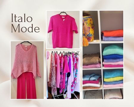 Italo Mode Collage aus rosa Kleidung, Kleidern, Oberteilen und gefalteten bunten Kleidungsstücken auf Regalen.