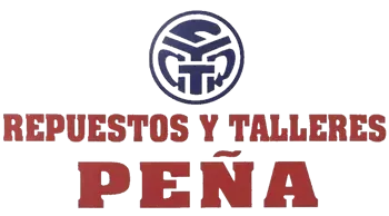 Logo de “Repuestos y Talleres Peña” en rojo con emblema circular negro arriba.