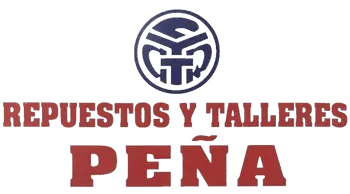 Logo de &ldquo;Repuestos y Talleres Pe&ntilde;a&rdquo; en rojo con emblema circular negro arriba.