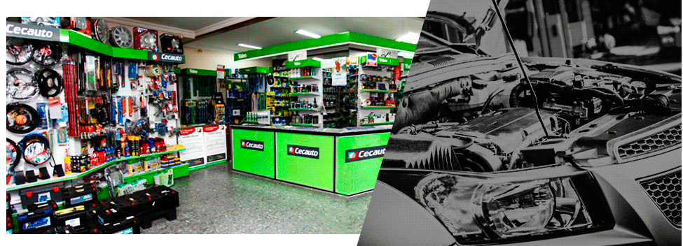 Interior luminoso de una tienda de repuestos para automóviles con mostradores verdes, accesorios coloridos y obras de arte de autos de carreras en blanco y negro.