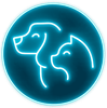 Contorno azul ne&oacute;n de un perro y un gato dentro de un icono circular brillante