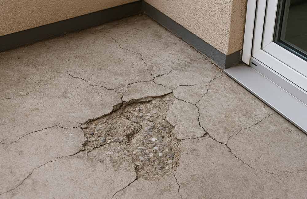 Beschädigter Betonboden mit großem Loch und Rissen auf einem Balkon in der Nähe einer Glasschiebetür.