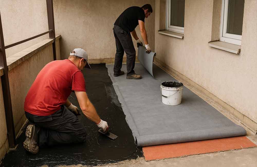 Zwei Personen verlegen eine schwarze Gummimembran auf einem Balkonboden, eine kniet, die andere steht.