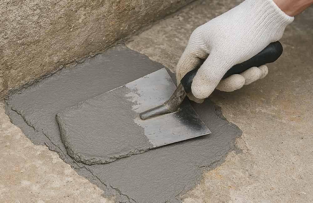 Eine Hand mit weißem Handschuh verteilt mit einer Kelle grauen Beton.