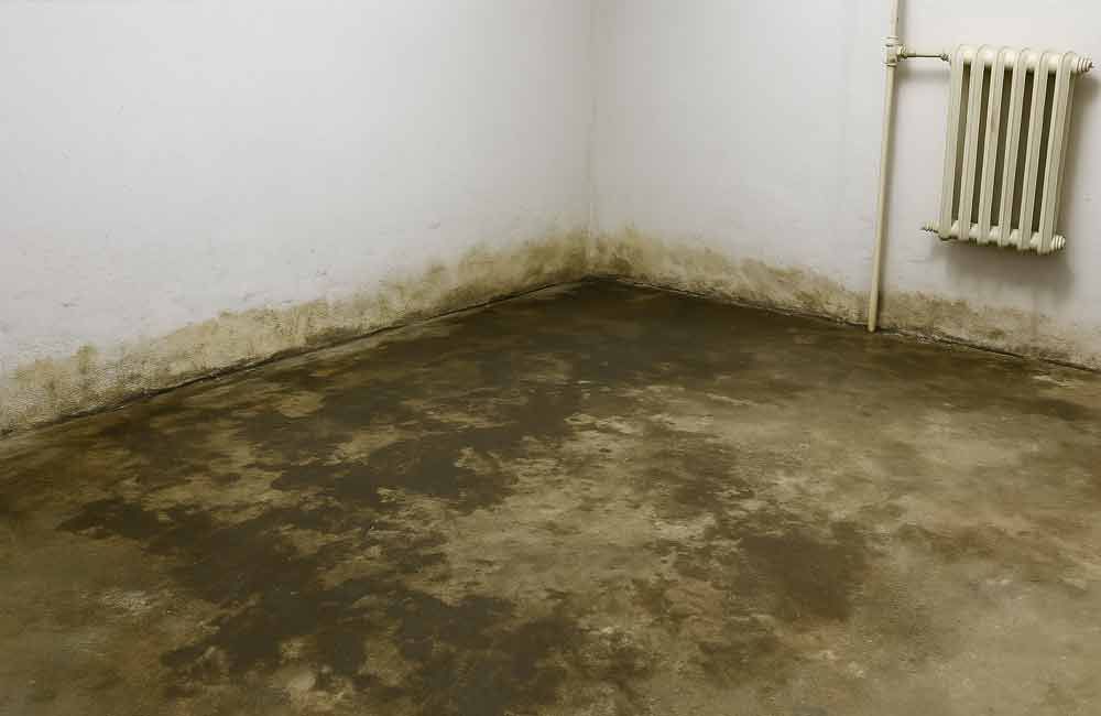 Schimmelbildung an Wänden und Boden eines feuchten, unfertigen Zimmers. Weiße Wände, Betonboden, Heizkörper.