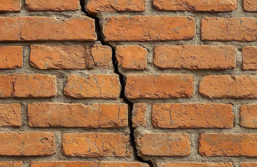 Nahaufnahme einer rissigen Ziegelmauer. Braune Ziegel, grauer Mörtel, vertikaler Riss.