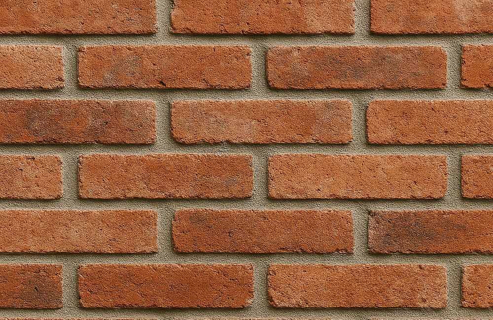 Nahaufnahme einer rot-orangenen Backsteinmauer mit hellgrauem Mörtel zwischen den Ziegeln.