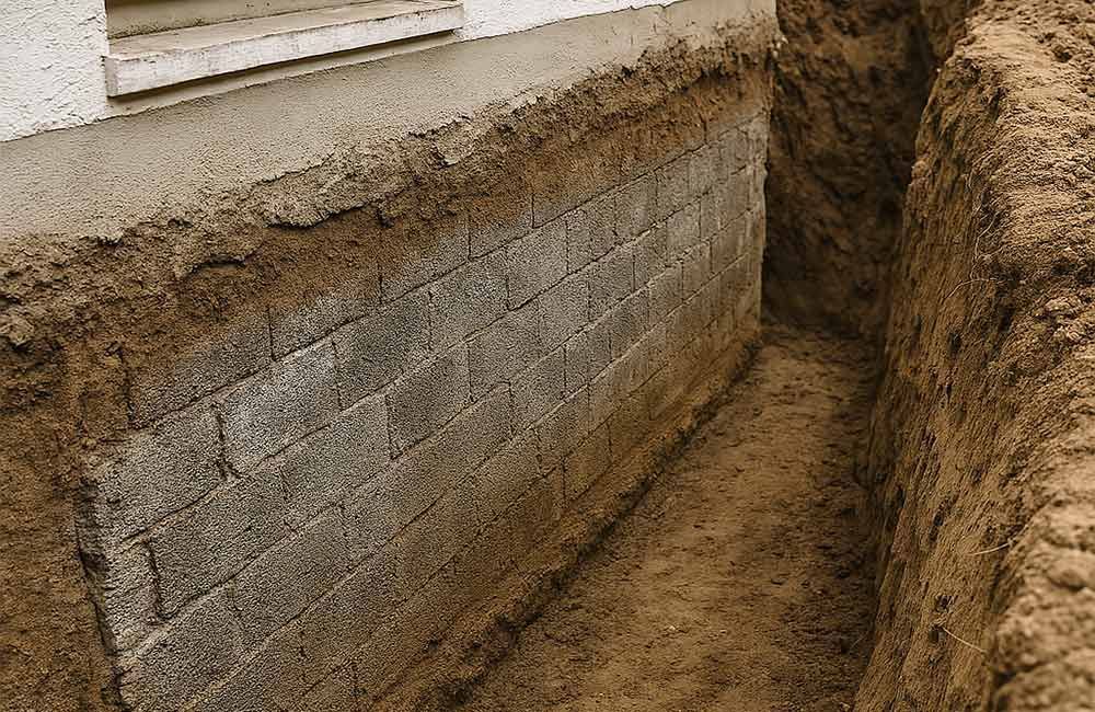 Ausgrabung legt eine Fundamentmauer aus Betonblöcken neben einem Haus frei; Erdgraben.