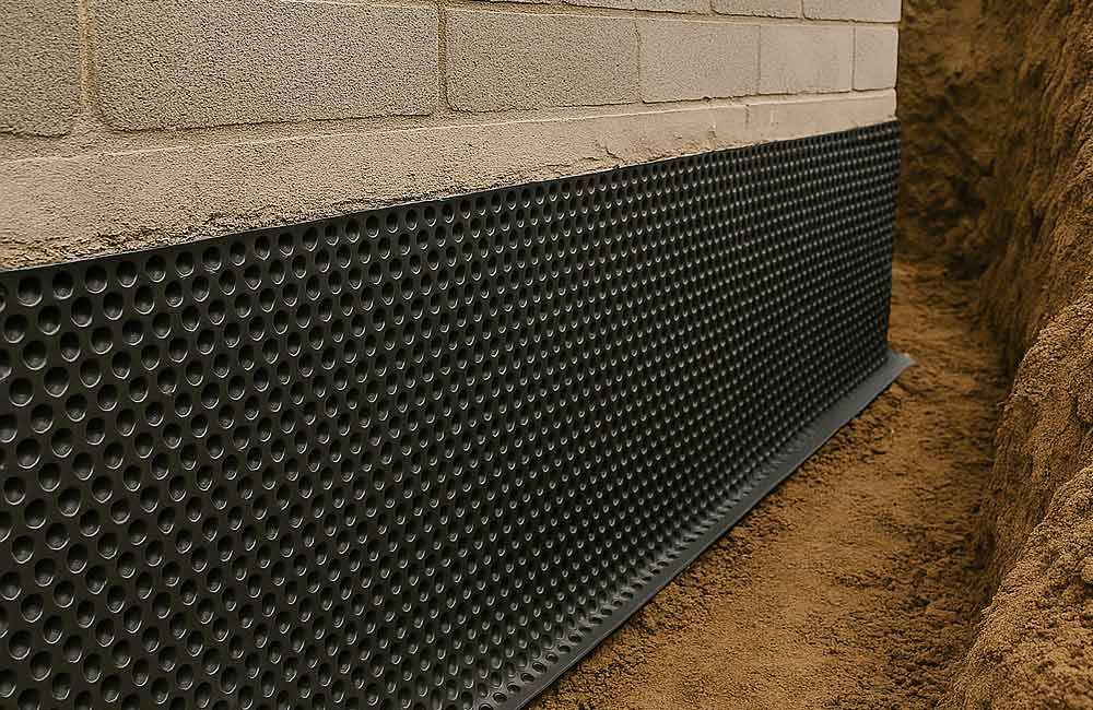 Schwarze, genoppte Drainagemembran an einer Fundamentwand aus Betonsteinen in einem ausgehobenen Graben.