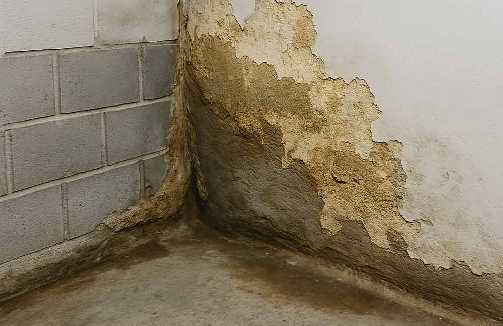 Kellerecke mit abblätternder Wandfarbe, Wasserschäden und Betonblöcken.